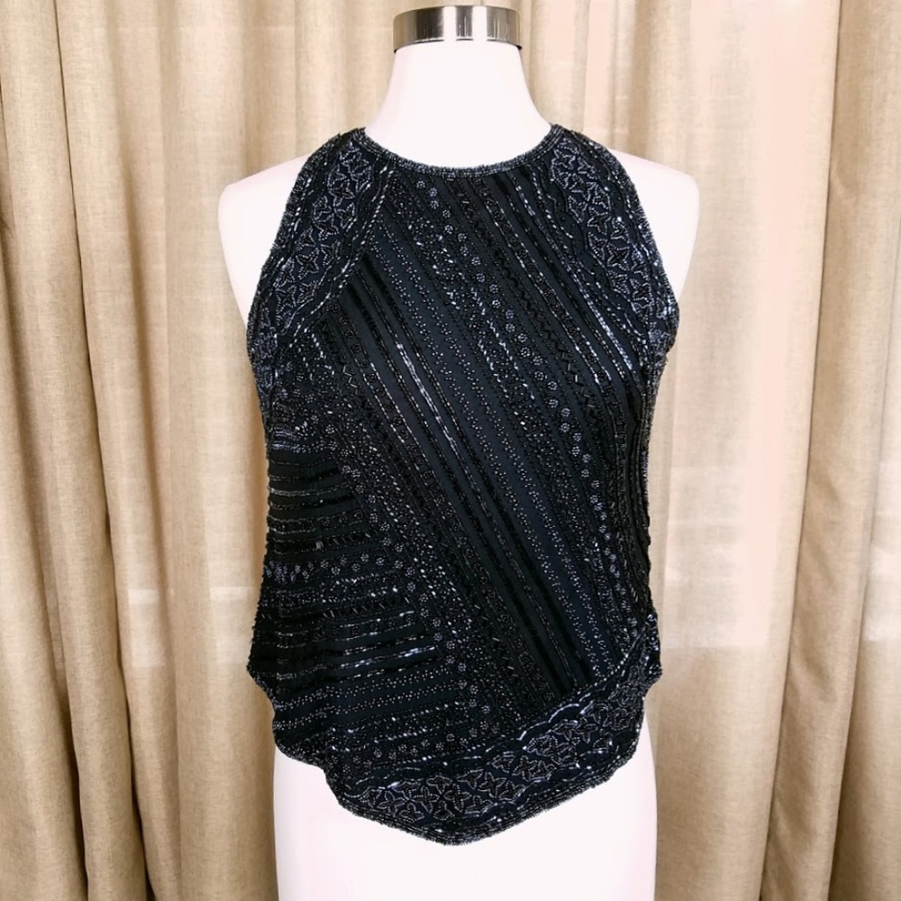 Papell Boutique Evening Beaded Silk Sleeveless Top